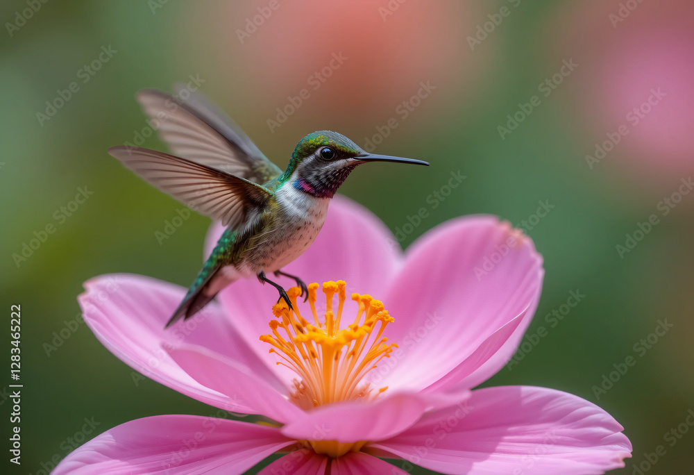 Fototapeta premium Hummingbird flying to a blossom flower.