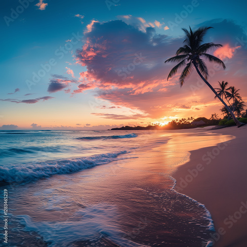 Beautiful sunrise over tropical beach shore and palm trees in dominican republic punta cana bavaro