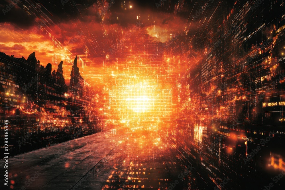 Vibrant digital landscape with glowing elements and dramatic sunset in a futuristic setting Vibrant digital landscape with glowing elements and dramatic sunset in a futuristic setting