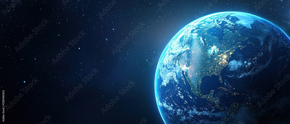 Planet Earth view from space with stars and galaxy, cosmic scene, blue marble representation of the world, astronomy, outer space, celestial bodies. Planet Earth view from space with stars and galaxy, cosmic scene, blue marble representation of the world, astronomy, outer space, celestial bodies.