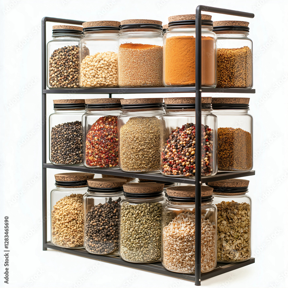 A metal spice rack with clear glass jars filled with an assortment of colorful spices, seeds, and grains, all capped with cork lids, neatly arranged for easy access and kitchen organization. A metal spice rack with clear glass jars filled with an assortment of colorful spices, seeds, and grains, all capped with cork lids, neatly arranged for easy access and kitchen organization.