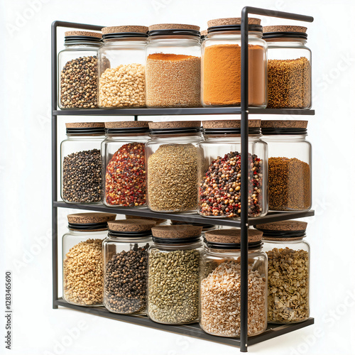 A metal spice rack with clear glass jars filled with an assortment of colorful spices, seeds, and grains, all capped with cork lids, neatly arranged for easy access and kitchen organization. photo