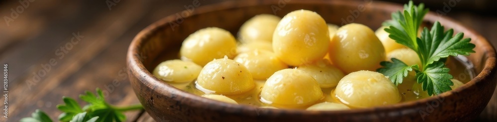 Soft gnocchi suspended in water, surrounded by rustic wooden basket , kitchen, Italian cuisine Soft gnocchi suspended in water, surrounded by rustic wooden basket , kitchen, Italian cuisine