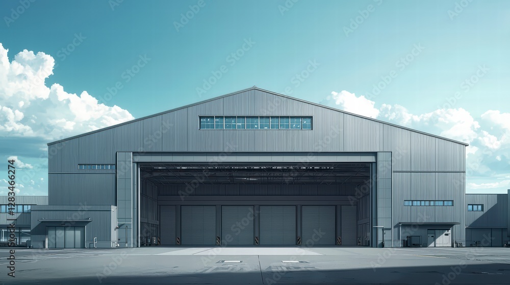 Industrial Oasis: An imposing industrial building stands under a bright, clear sky, with its wide entrance inviting curiosity. Perfect for architectural or commercial projects. Industrial Oasis: An imposing industrial building stands under a bright, clear sky, with its wide entrance inviting curiosity. Perfect for architectural or commercial projects.
