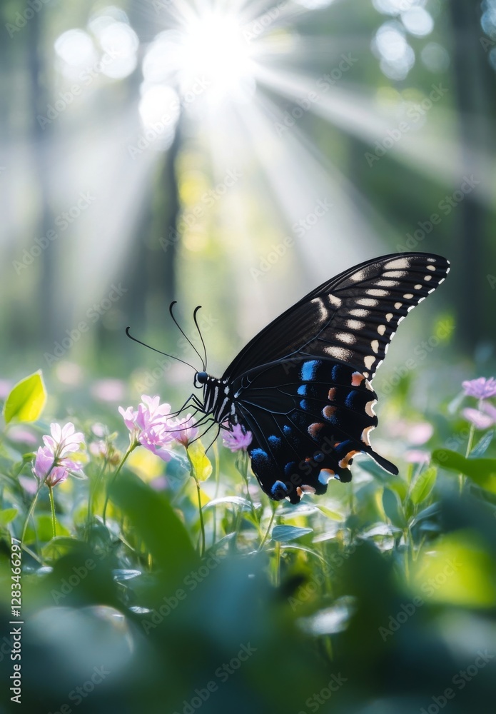 Fototapeta premium The image captures a serene spring or summer morning in a forest, with sunlight filtering through and a butterfly amidst the wild grass, evoking the enchantment and mystery of the natural world