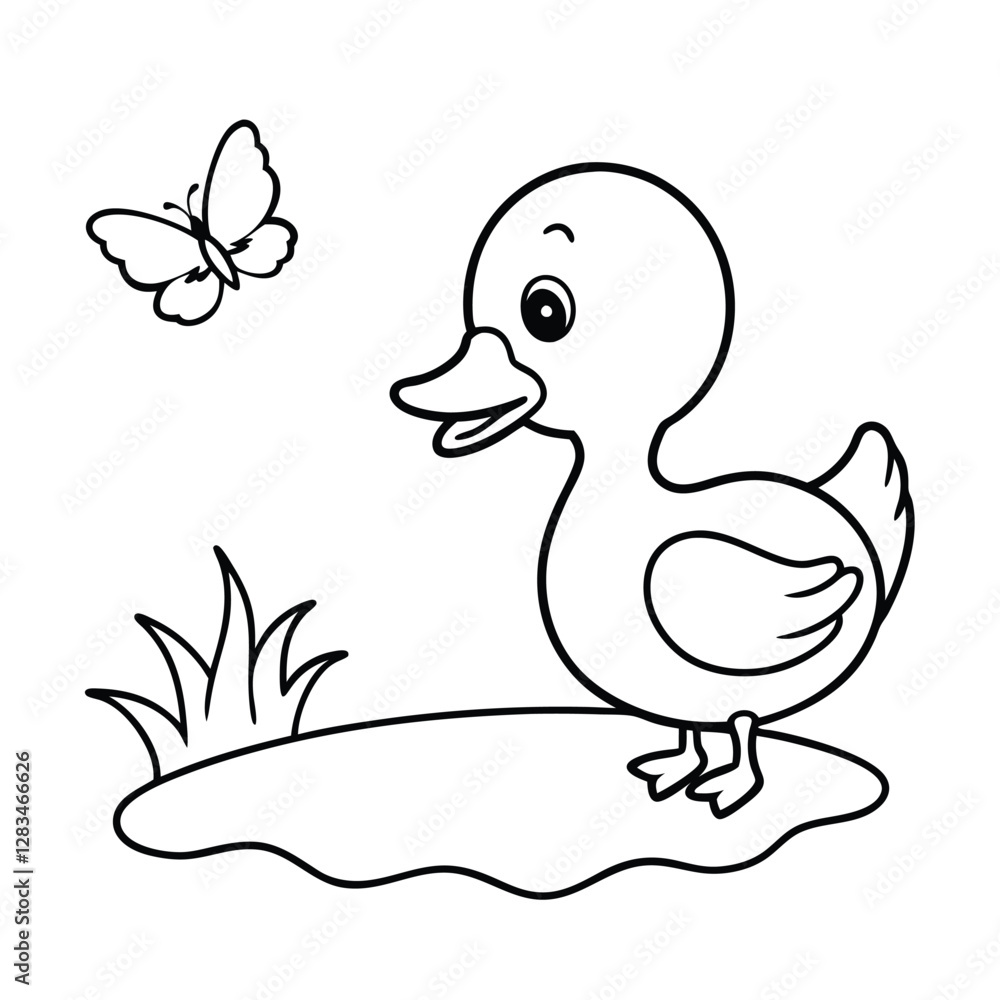 Cute Duck with Butterfly - Black and White Cartoon Line Art. color page for kids Cute Duck with Butterfly - Black and White Cartoon Line Art. color page for kids