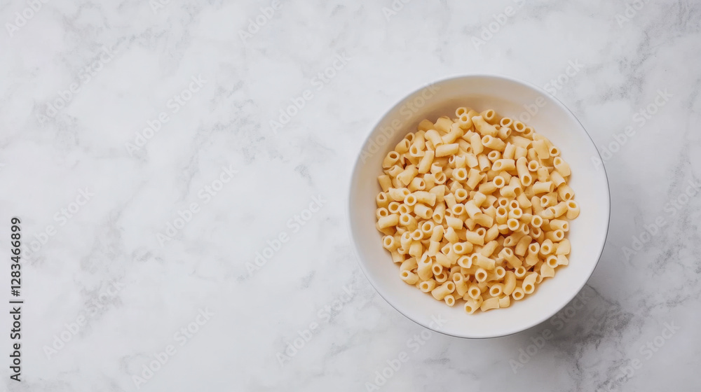 Pasta in a white bowl on a marble countertop ready for cooking or serving at a casual meal Pasta in a white bowl on a marble countertop ready for cooking or serving at a casual meal