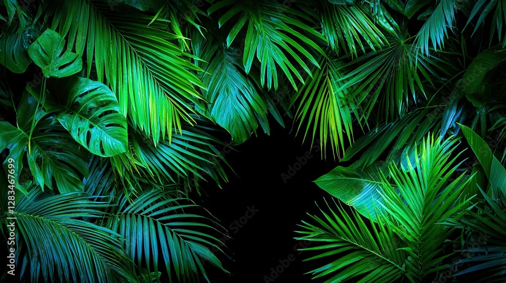 Fototapeta premium Black background with green leaves