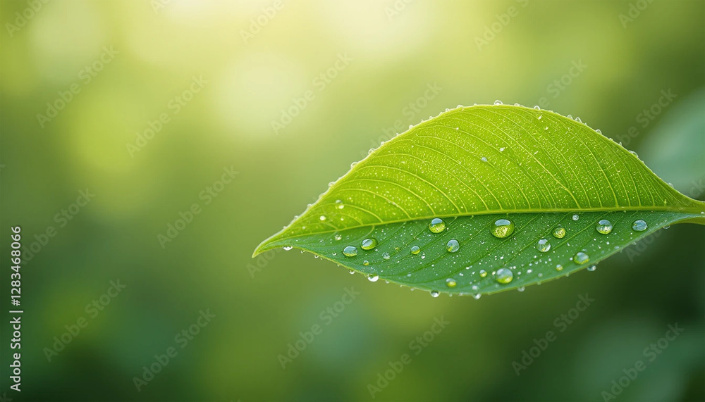 Fototapeta premium A fresh morning leaf with soft-focus dew drops