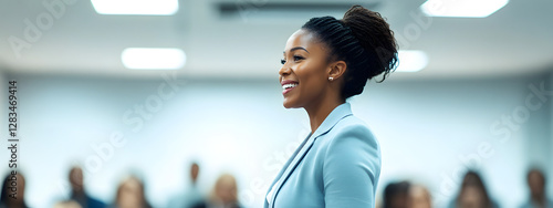 Black businesswoman laughing while standing at the podium in front of people during a conference presentation
