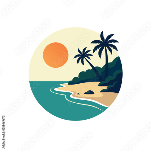 Tropical Sunset Beach Logo with Palm Tree