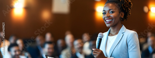 Black businesswoman laughing while standing at the podium in front of people during a conference presentation
