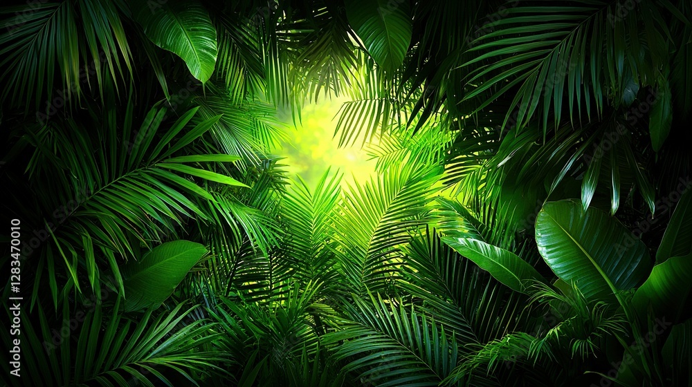A vibrant jungle abounds with lush foliage and a radiant beam emanating from the terminus A vibrant jungle abounds with lush foliage and a radiant beam emanating from the terminus