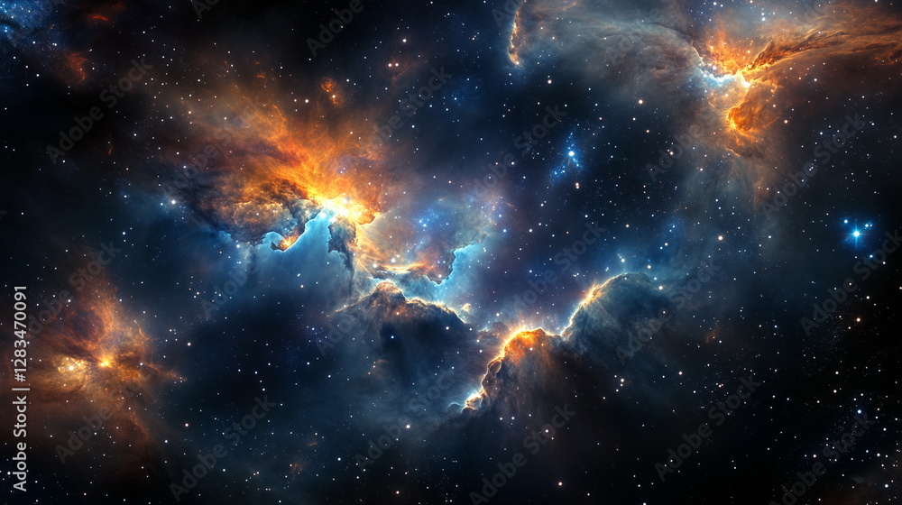 A cosmic ballet of stars and nebulae in expansive space A cosmic ballet of stars and nebulae in expansive space