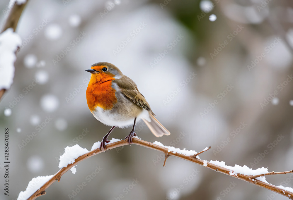 Fototapeta premium Redbreast on a tree branch in winter period with snow