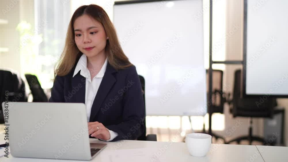 Young Asian businesswoman in a formal suit having a video conference on a laptop in a modern office Young Asian businesswoman in a formal suit having a video conference on a laptop in a modern office