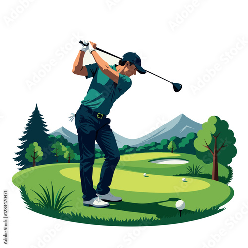 Golfer Swinging on Scenic Green Course