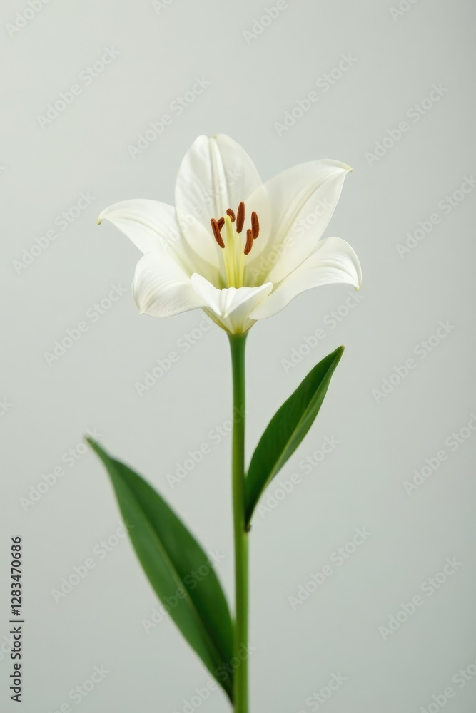 Naklejka premium Single white lily bloom on a plain background, white lily, single white lily, clean