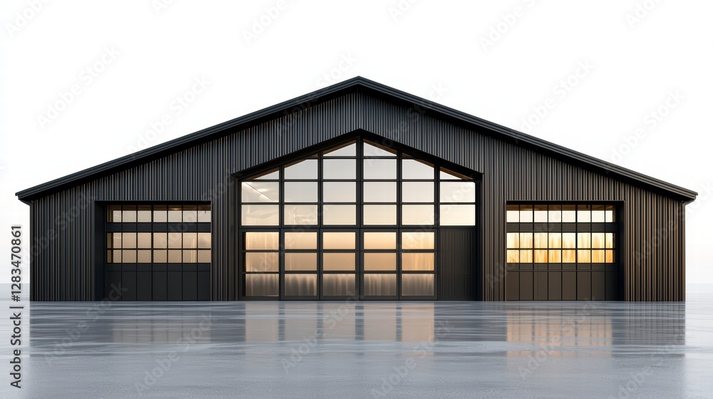 Fototapeta premium Modern Architectural Marvel: A captivating minimalist structure of dark wood and expansive glass windows showcases a harmonious blend of modern design and natural light.