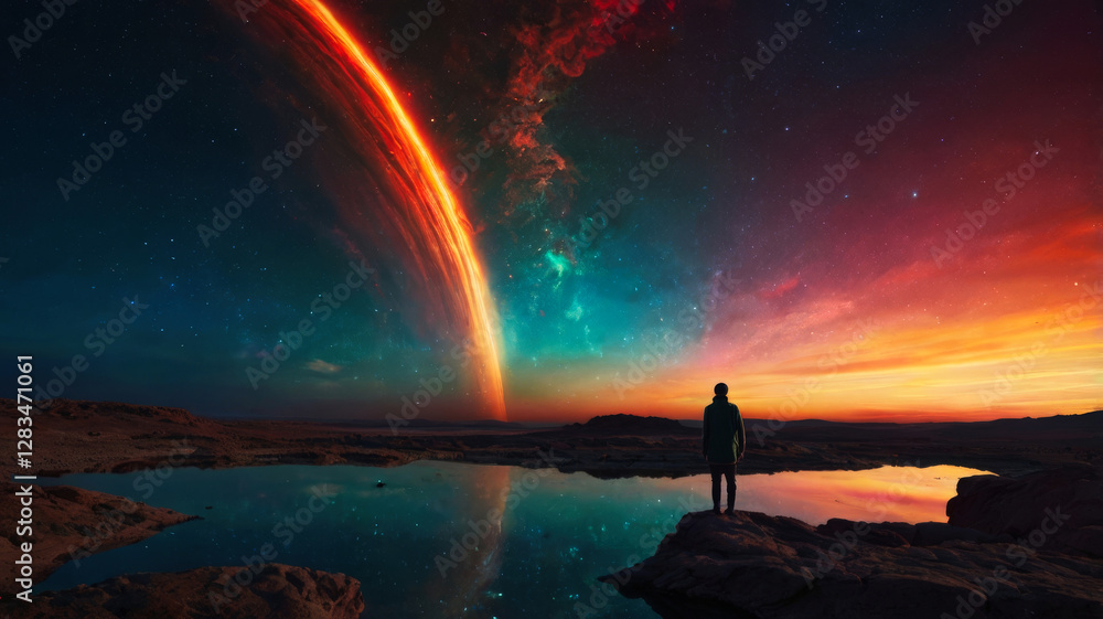 The silhouette of a man under a surreal and vibrant cosmic scene The silhouette of a man under a surreal and vibrant cosmic scene