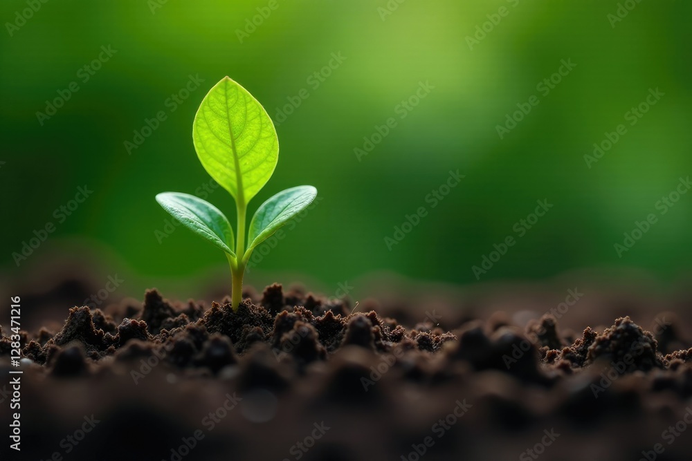 Fototapeta premium small green sprout with delicate roots in soil, green sprout, vegetation, natural
