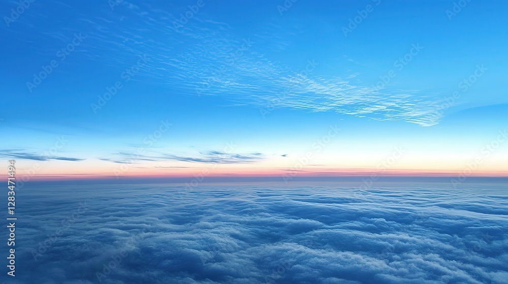 Fototapeta premium Dusk Aerial Sky View: Serene Blue and Orange Gradient Clouds over a Clear Horizon from Airplane.