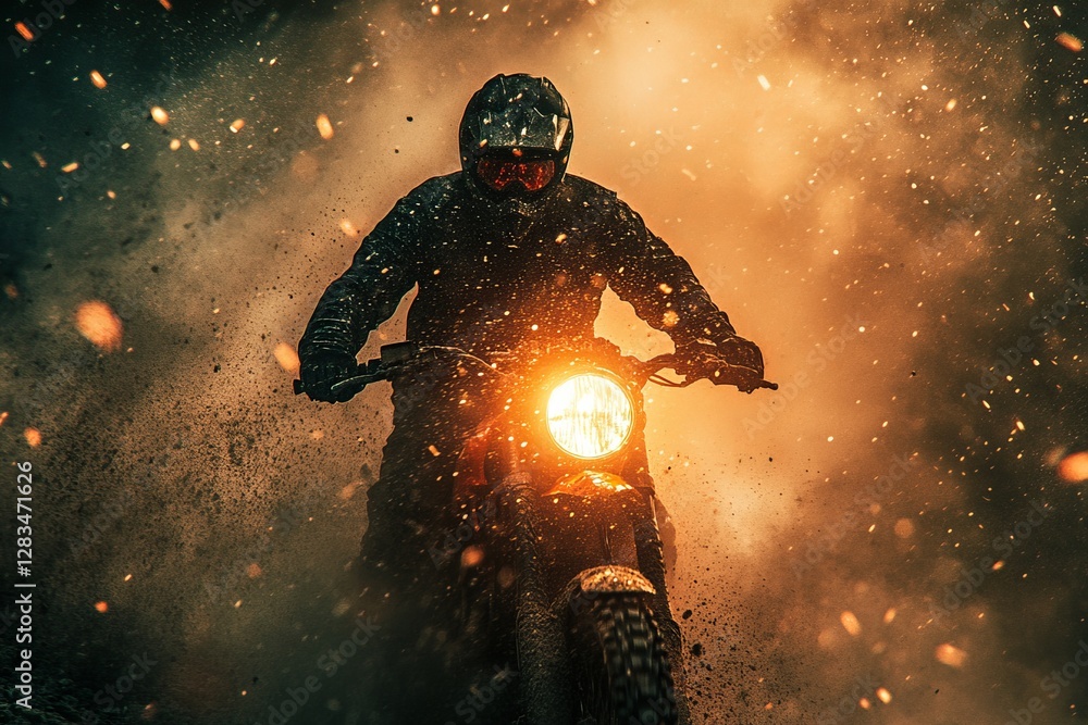 Motorcycle rider speeds through a cloud of dust and sparks during an intense off-road adventure in a dramatic setting