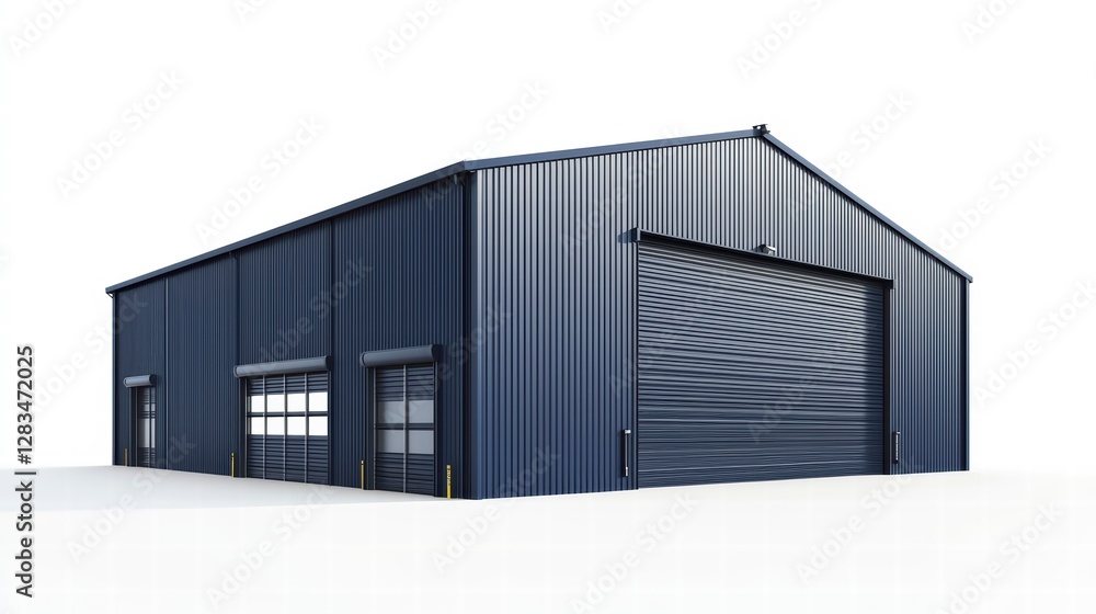 Modern Steel Building: A sleek, dark blue steel building stands majestically, showcasing its modern design and robust construction. Modern Steel Building: A sleek, dark blue steel building stands majestically, showcasing its modern design and robust construction.