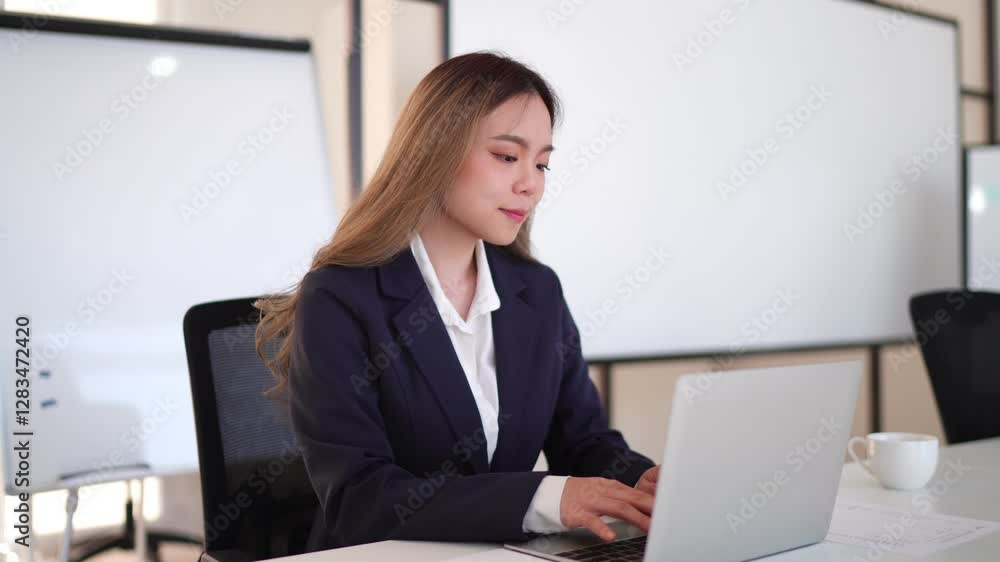 Young Asian businesswoman in a formal suit having a video conference on a laptop in a modern office Young Asian businesswoman in a formal suit having a video conference on a laptop in a modern office