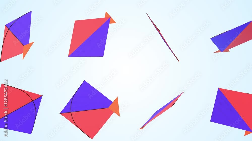 Stylized Kites Falling on a Light Blue Background. 3D Kites Falling Animation. 4K Stylized Kites Falling on a Light Blue Background. 3D Kites Falling Animation. 4K