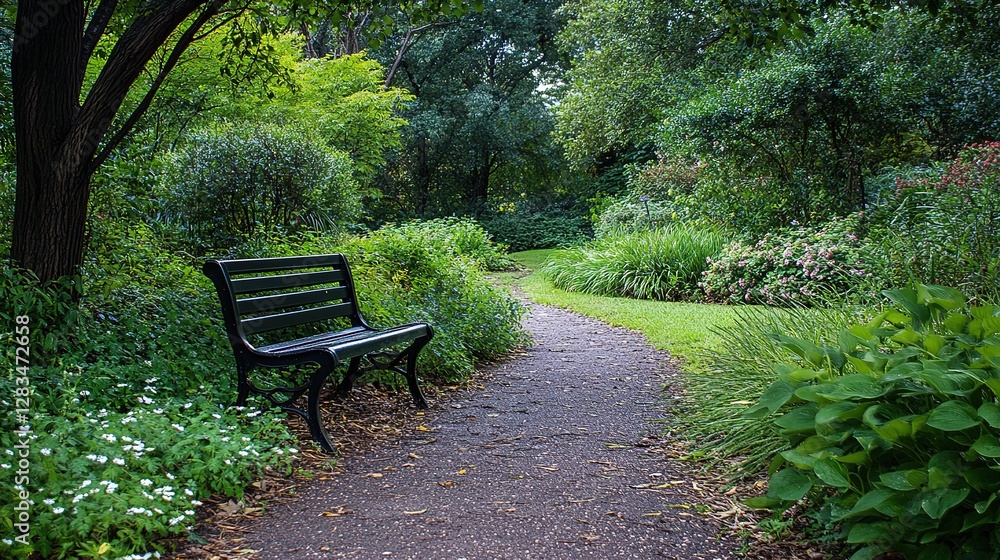 A serene park bench amidst lush greenery, embodying tranquility and nature's calm embrace A serene park bench amidst lush greenery, embodying tranquility and nature's calm embrace