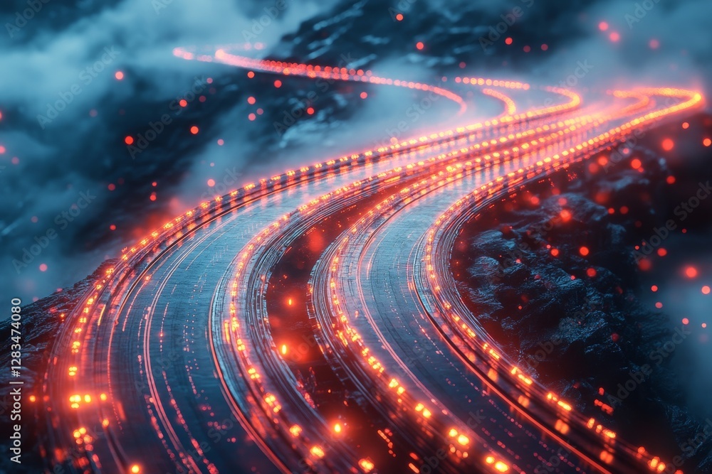 Winding road illuminated by glowing lights through misty mountainous terrain at night Winding road illuminated by glowing lights through misty mountainous terrain at night