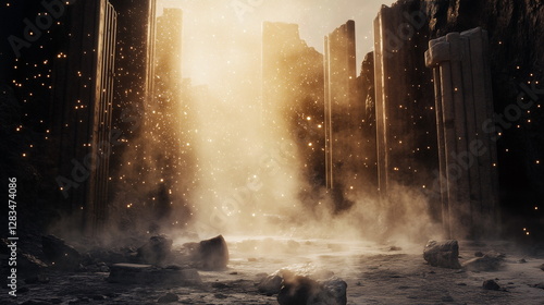 A mystical fusion of ancient ruins and modern digital art