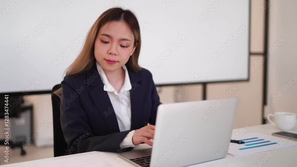 Young Asian businesswoman in a formal suit having a video conference on a laptop in a modern office Young Asian businesswoman in a formal suit having a video conference on a laptop in a modern office