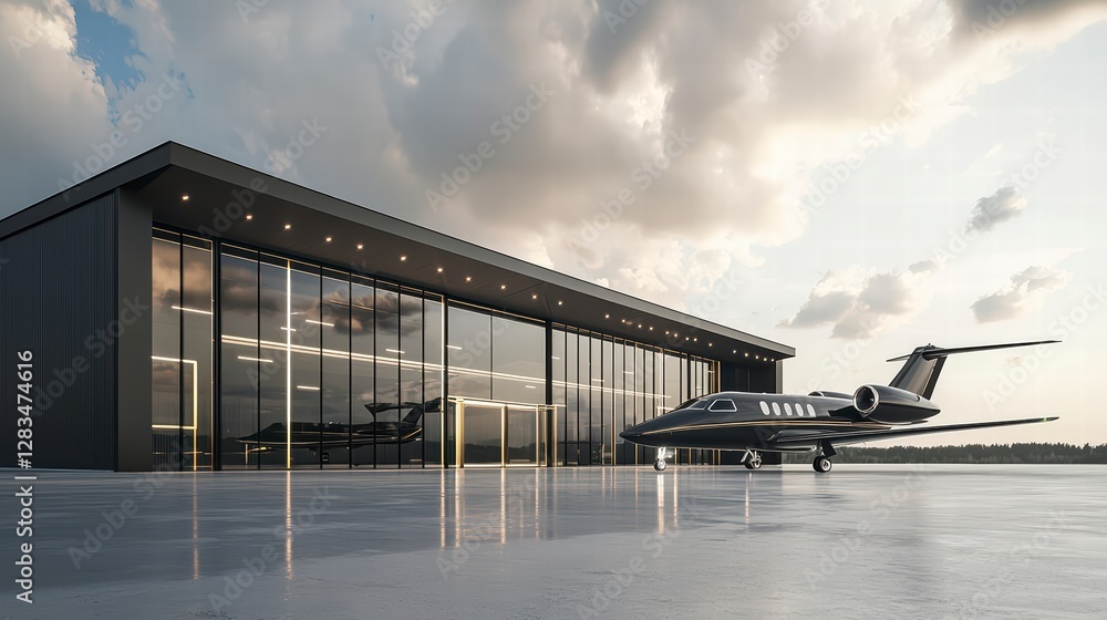 Modern Airport Hangar: a sleek modern airport hangar featuring glass facade and a private jet aircraft. bathed in the warm glow of the setting sun Modern Airport Hangar: a sleek modern airport hangar featuring glass facade and a private jet aircraft. bathed in the warm glow of the setting sun