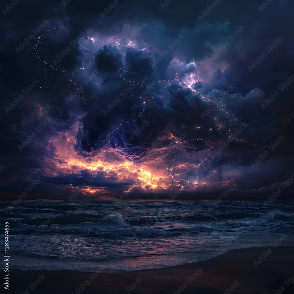Fototapeta premium Spectacular Night Seascape with Intense Lightning