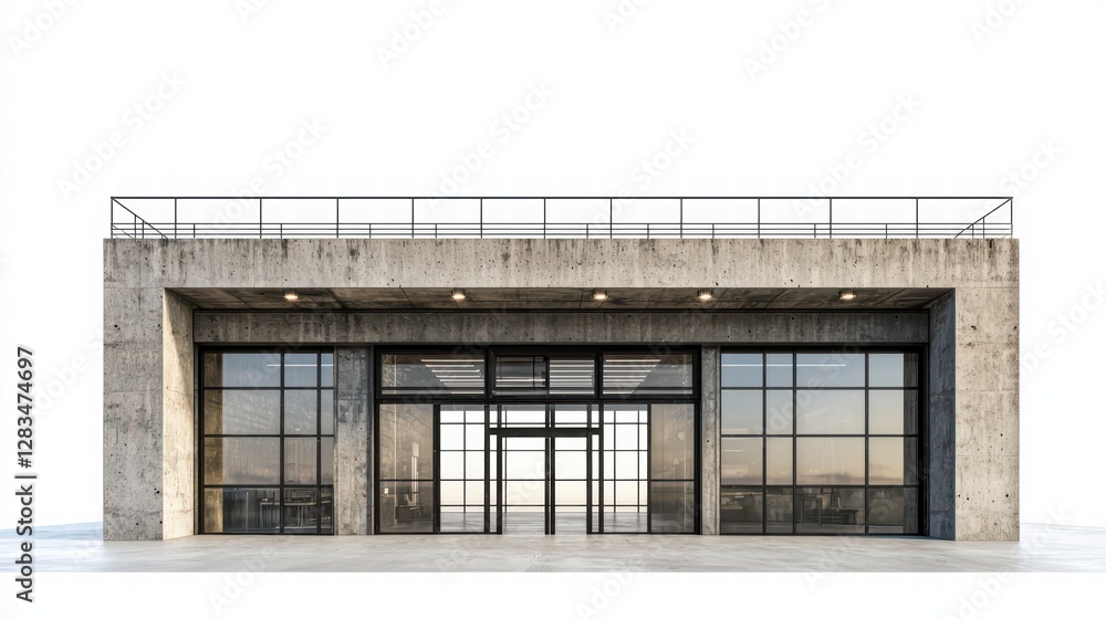 Modern Architectural Structure: Captivating symmetrical view of contemporary building's facade, with a focus on clean lines, glass doors and windows Modern Architectural Structure: Captivating symmetrical view of contemporary building's facade, with a focus on clean lines, glass doors and windows