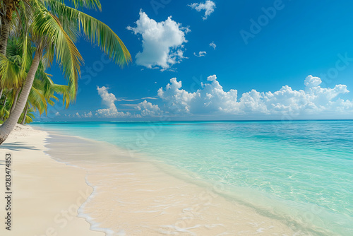 Fototapeta Naklejka Na Ścianę i Meble -  Paradise exotic island beach shore with palm trees and turquoise waters of caribbean sea blue sky and white clouds