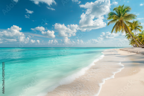 Paradise exotic island beach shore with palm trees and turquoise waters of caribbean sea blue sky and white clouds