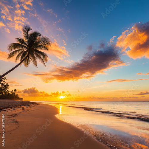 Tropical sunrise on the beach of punta cana with silhouette of palm tree realistic landscape dominican republic