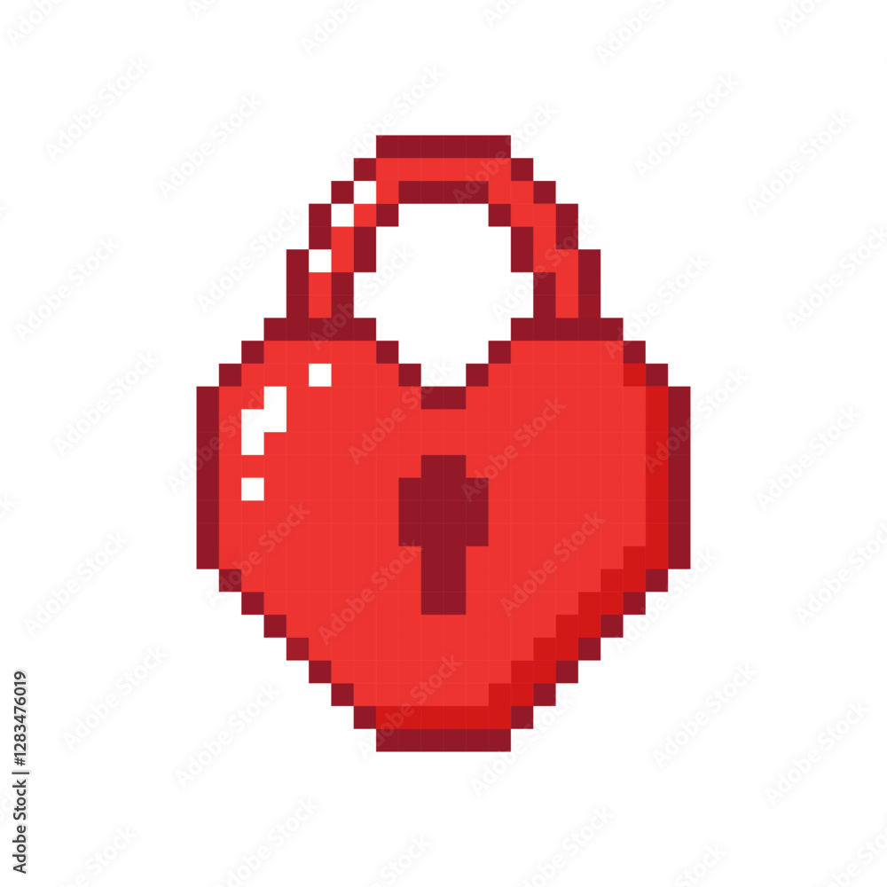 Vibrant red heart-shaped padlock with a keyhole in pixel style. Concept of love and security. Hand drawn vector illustration. Vibrant red heart-shaped padlock with a keyhole in pixel style. Concept of love and security. Hand drawn vector illustration.