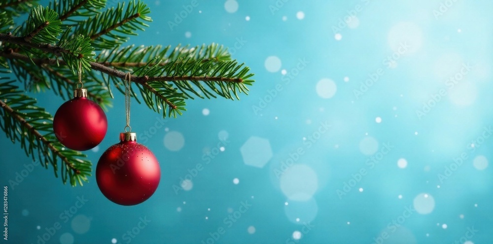 Evergreen tree branch with ornaments hanging from blue sky , blue sky, snowflake, evergreen Evergreen tree branch with ornaments hanging from blue sky , blue sky, snowflake, evergreen