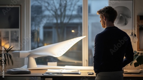 Engineers designing wind turbines with larger blades and higher output, aiming to make wind power more viable in urban environments