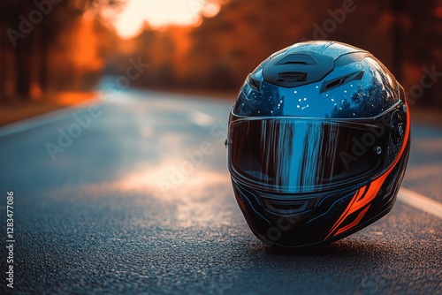Motorcycle helmet rests on empty road during sunset, highlighting tranquil autumn atmosphere and vibrant colors