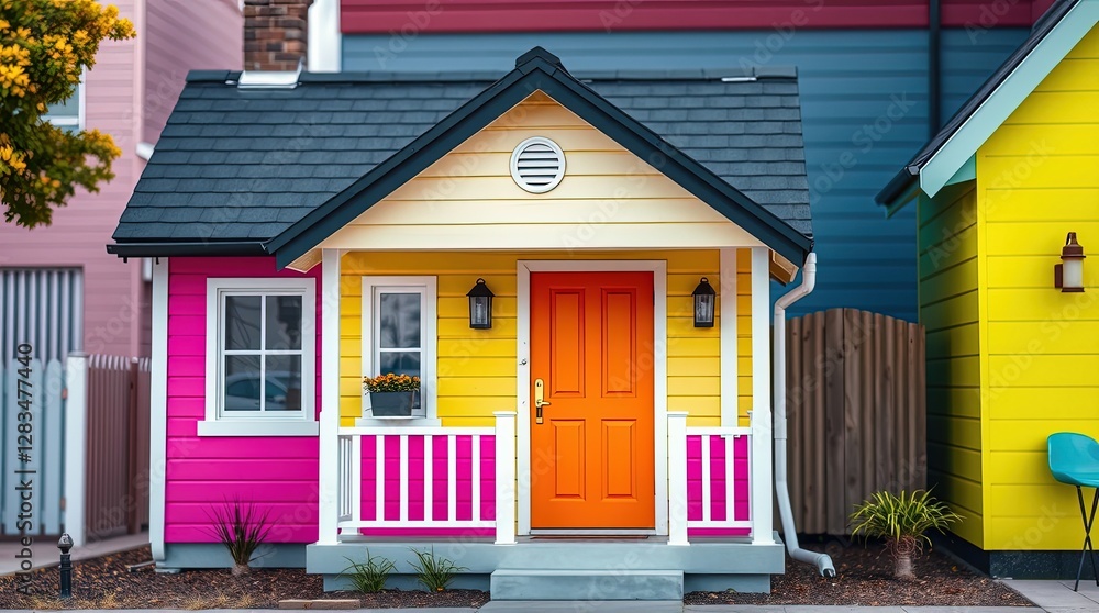 Naklejka premium Colorful small houses for budget-conscious families: Ideal for real estate websites, unique home design blogs, and affordable housing diversity campaigns