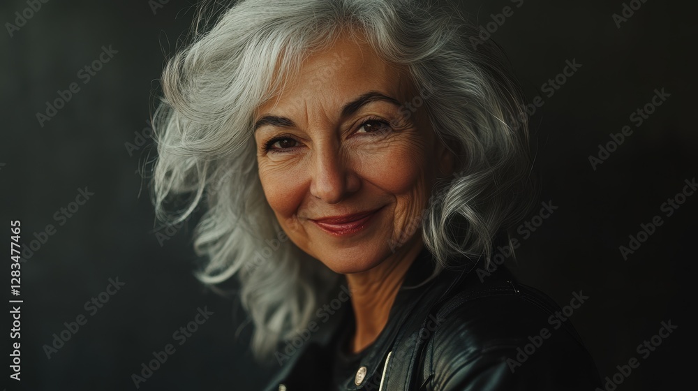 Smiling mature woman with gray hair in casual outfit reflecting confidence and beauty in a close-up portrait for lifestyle and wellness themes. Smiling mature woman with gray hair in casual outfit reflecting confidence and beauty in a close-up portrait for lifestyle and wellness themes.
