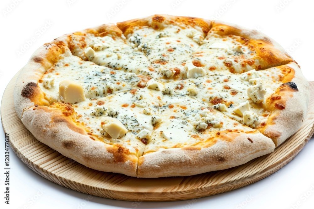 Pizza Four Cheese, Italian Pizza with Rich Tomato Sauce, Mozzarella, Parmesan, Gorgonzola, and Ricotta Cheese, Creamy and Savory Pizza Isolated on Background with Copy Space. Pizza Four Cheese, Italian Pizza with Rich Tomato Sauce, Mozzarella, Parmesan, Gorgonzola, and Ricotta Cheese, Creamy and Savory Pizza Isolated on Background with Copy Space.