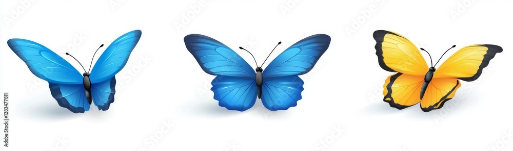 A collection of three stunning blue butterflies featuring color transitions is set against a transparent backdrop, available as stock A collection of three stunning blue butterflies featuring color transitions is set against a transparent backdrop, available as stock