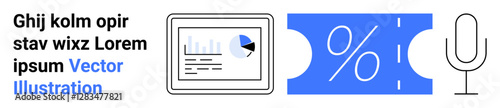Analytics card with chart, pie graph, discounts icon as a percentage coupon, microphone for media. Ideal for technology, business, marketing, audio, communication education abstract line flat