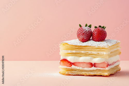 A visually striking mille-feuille dessert showcases golden puff pastry layers paired with fresh strawberries and creamy filling. The delicate confection artfully balances textures and flavors.